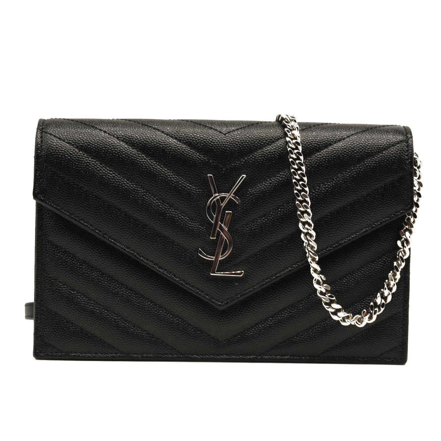 NEW SAINT LAURENT Grain De Poudre Matelasse Chevron Monogram Chain Wallet Black Silver