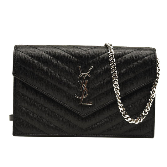 NEW SAINT LAURENT Grain De Poudre Matelasse Chevron Monogram Chain Wallet Black Silver