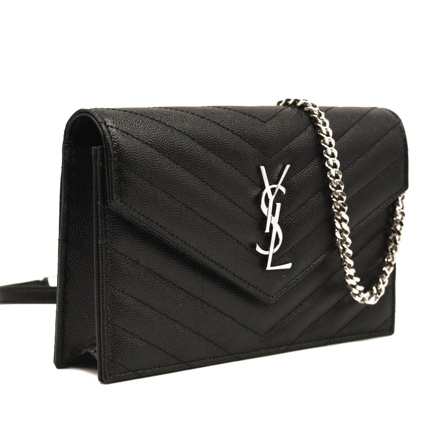 NEW SAINT LAURENT Grain De Poudre Matelasse Chevron Monogram Chain Wallet Black Silver