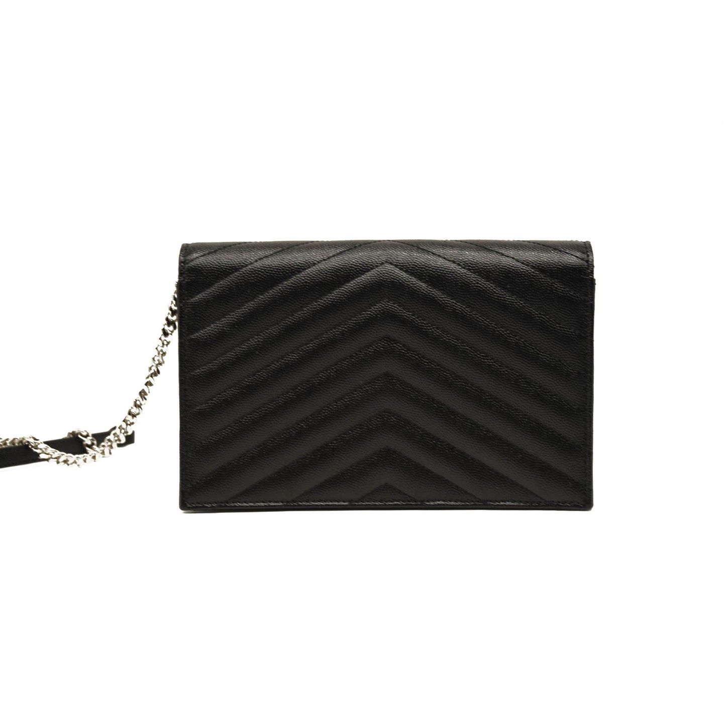 NEW SAINT LAURENT Grain De Poudre Matelasse Chevron Monogram Chain Wallet Black Silver