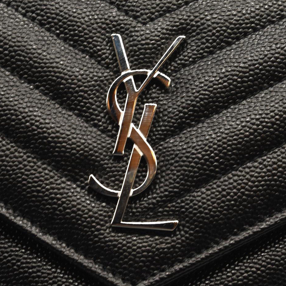 NEW SAINT LAURENT Grain De Poudre Matelasse Chevron Monogram Chain Wallet Black Silver