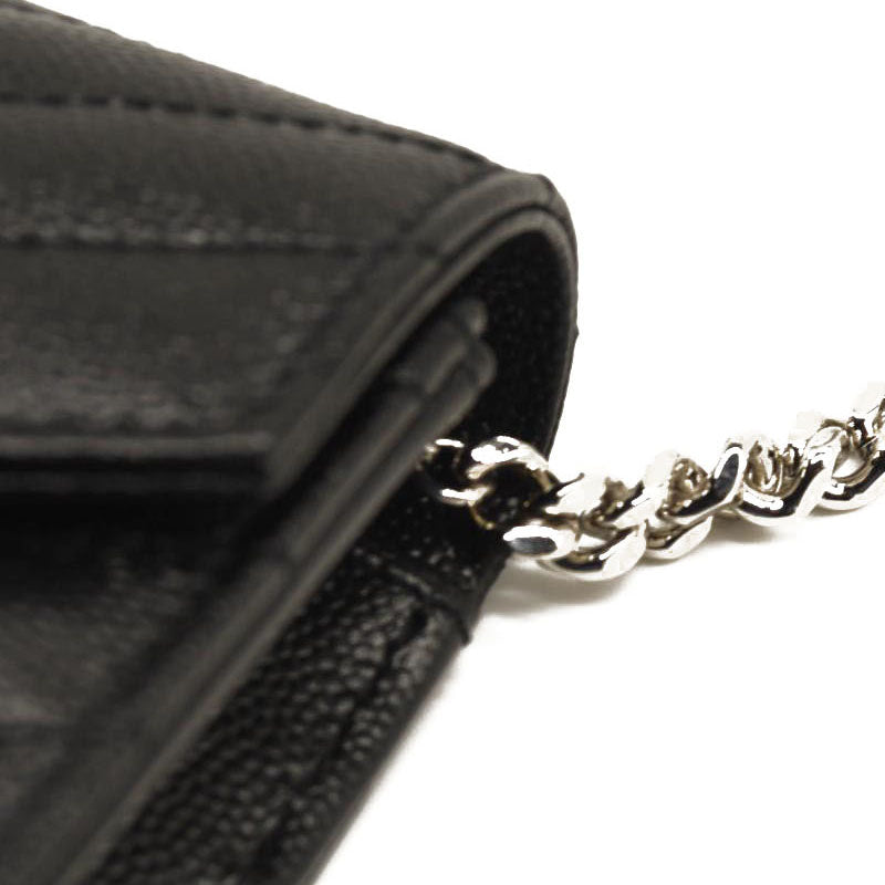 NEW SAINT LAURENT Grain De Poudre Matelasse Chevron Monogram Chain Wallet Black Silver