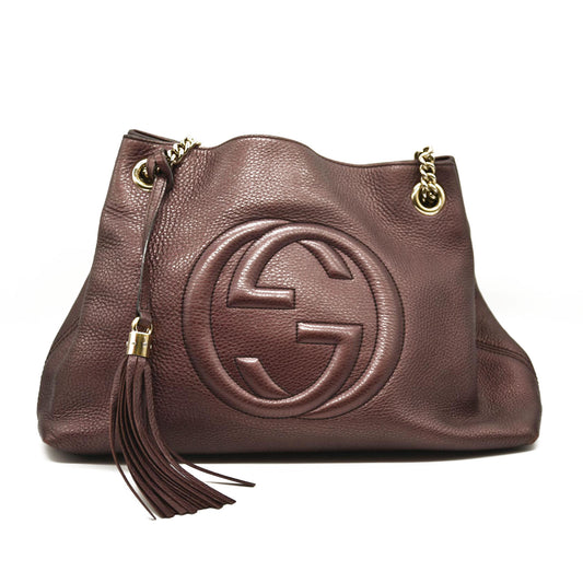 USED GUCCI Pebbled Calfskin Medium Soho Chain Shoulder Bag Metallic Purple