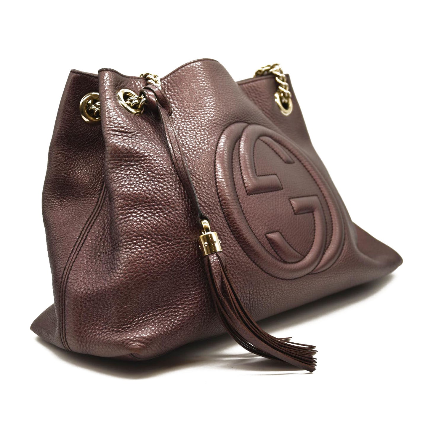 USED GUCCI Pebbled Calfskin Medium Soho Chain Shoulder Bag Metallic Purple