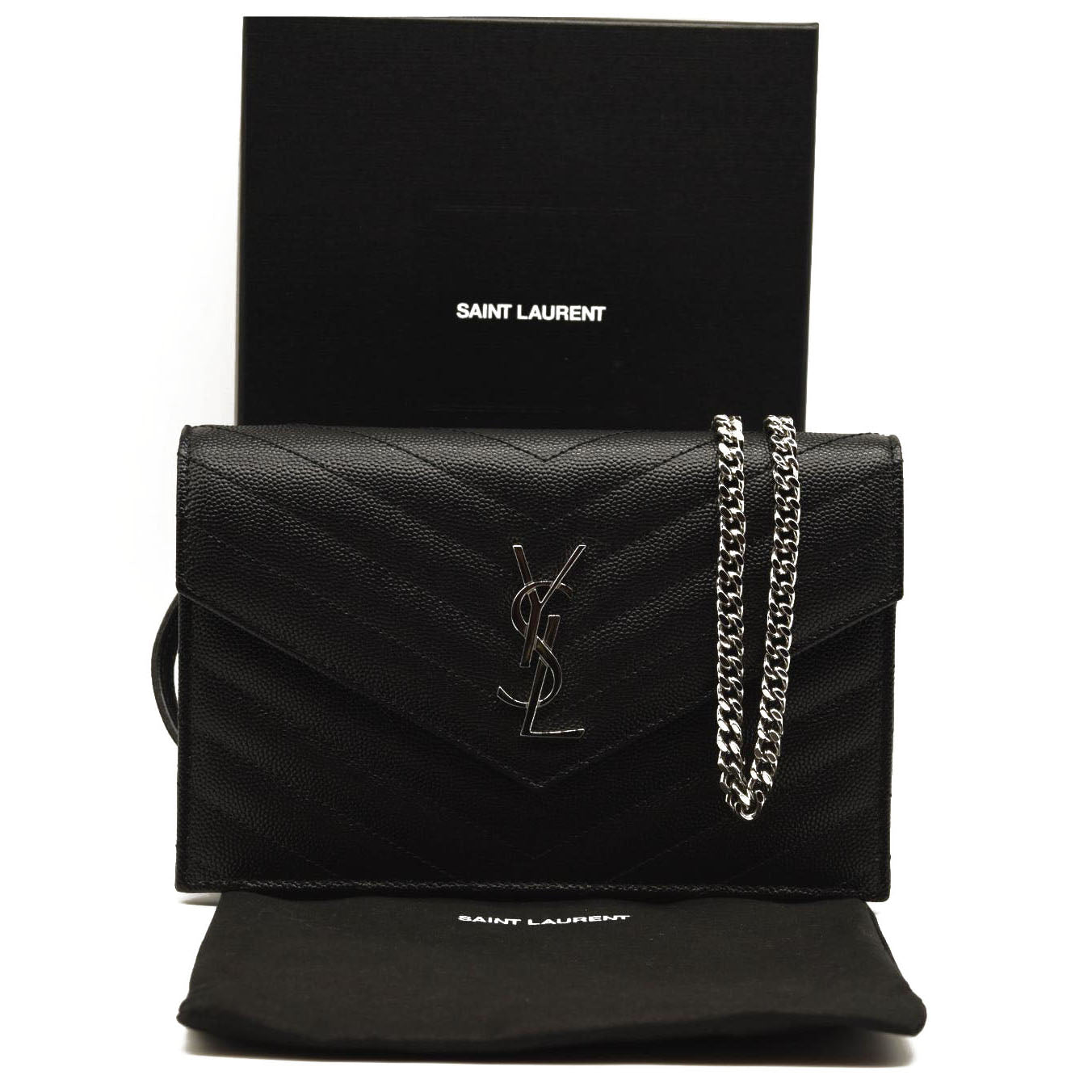 NEW SAINT LAURENT Grain De Poudre Matelasse Chevron Monogram Chain Wallet Black Silver