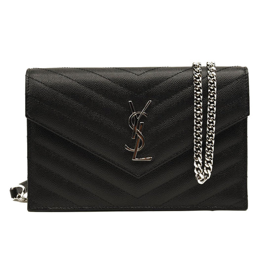 NEW SAINT LAURENT Grain De Poudre Matelasse Chevron Monogram Chain Wallet Black Silver