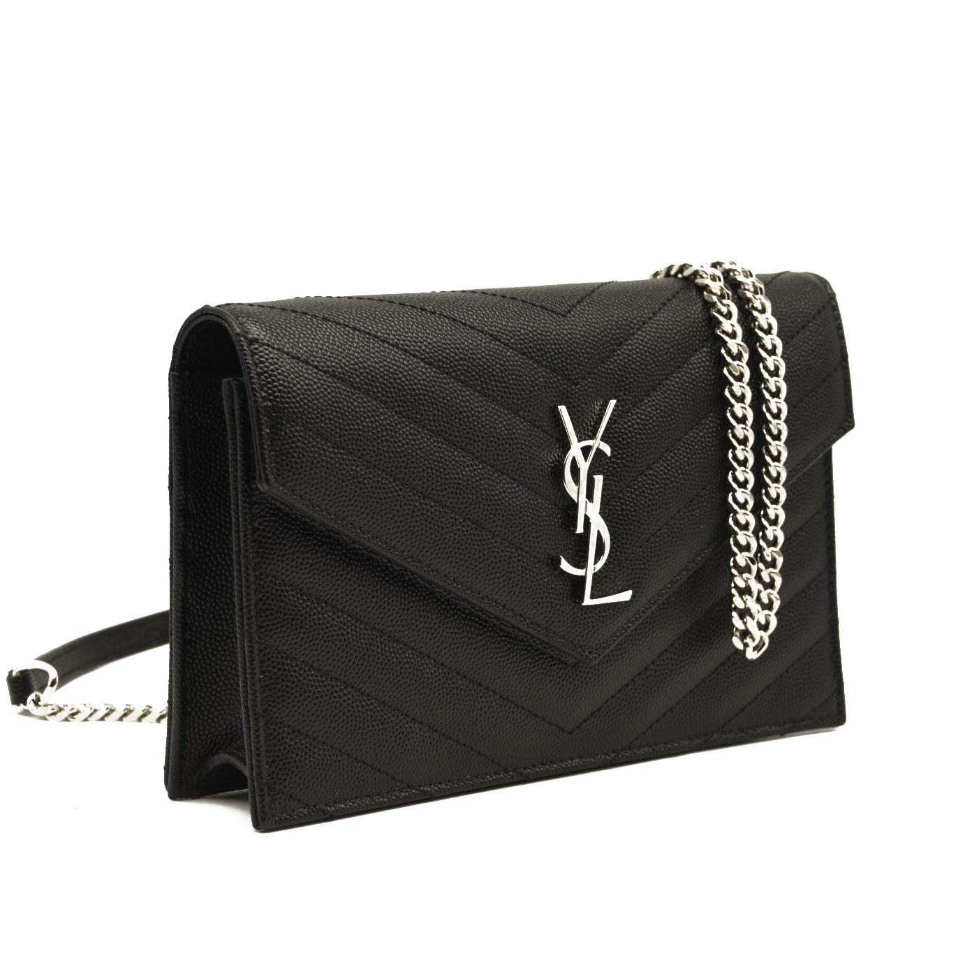 NEW SAINT LAURENT Grain De Poudre Matelasse Chevron Monogram Chain Wallet Black Silver