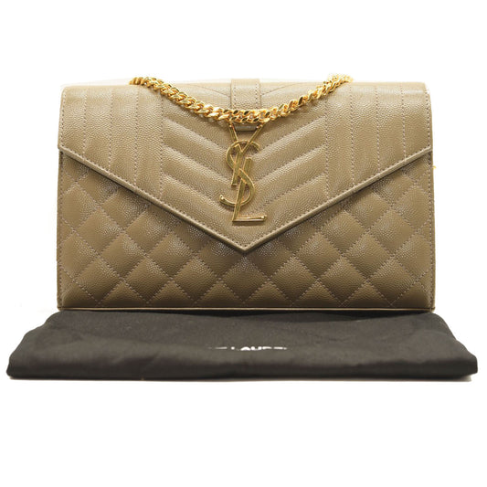 $1990 SAINT LAURENT Grain De Poudre Mixed Matelasse Triquilt Monogram Chain Wallet Dark Beige