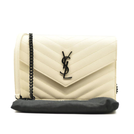 SAINT LAURENT Grain De Poudre Matelasse Chevron Monogram Envelope Chain Wallet Cream