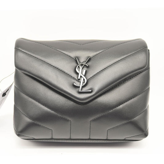 SAINT LAURENT Calfskin Y Quilted Monogram Monochrome Toy Loulou Crossbody Bag Black