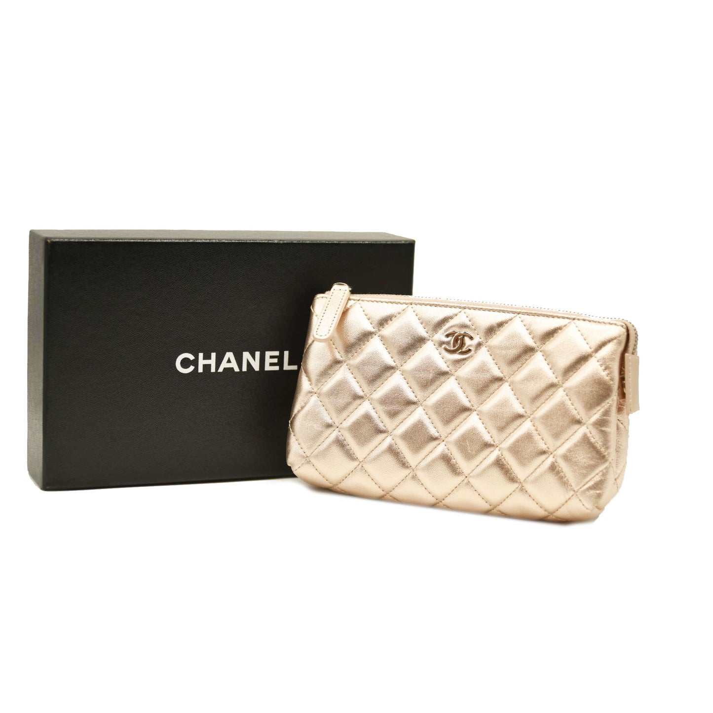 Chanel  Metallic Lambskin Quilted Cosmetic Pouch Gold