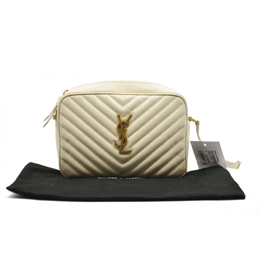 NEW $1690 SAINT LAURENT Calfskin Matelasse Monogram Lou Camera Bag Crema Soft