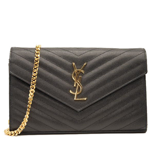 LIKE NEW Saint Laurent WOC Matelasse Chevron Medium Monogram Chain Wallet Black