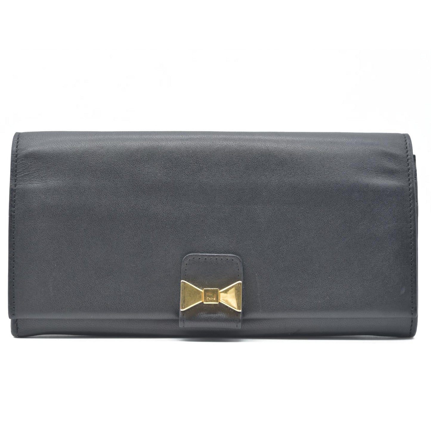 Chloe Ribbon Leather Long Bifold Wallet Purse Black