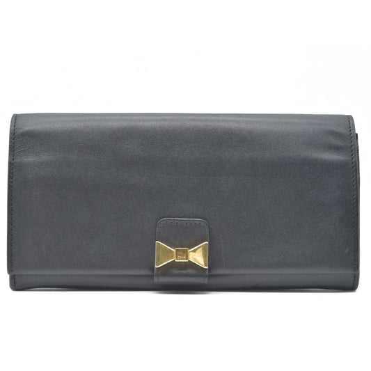 Chloe Ribbon Leather Long Bifold Wallet Purse Black