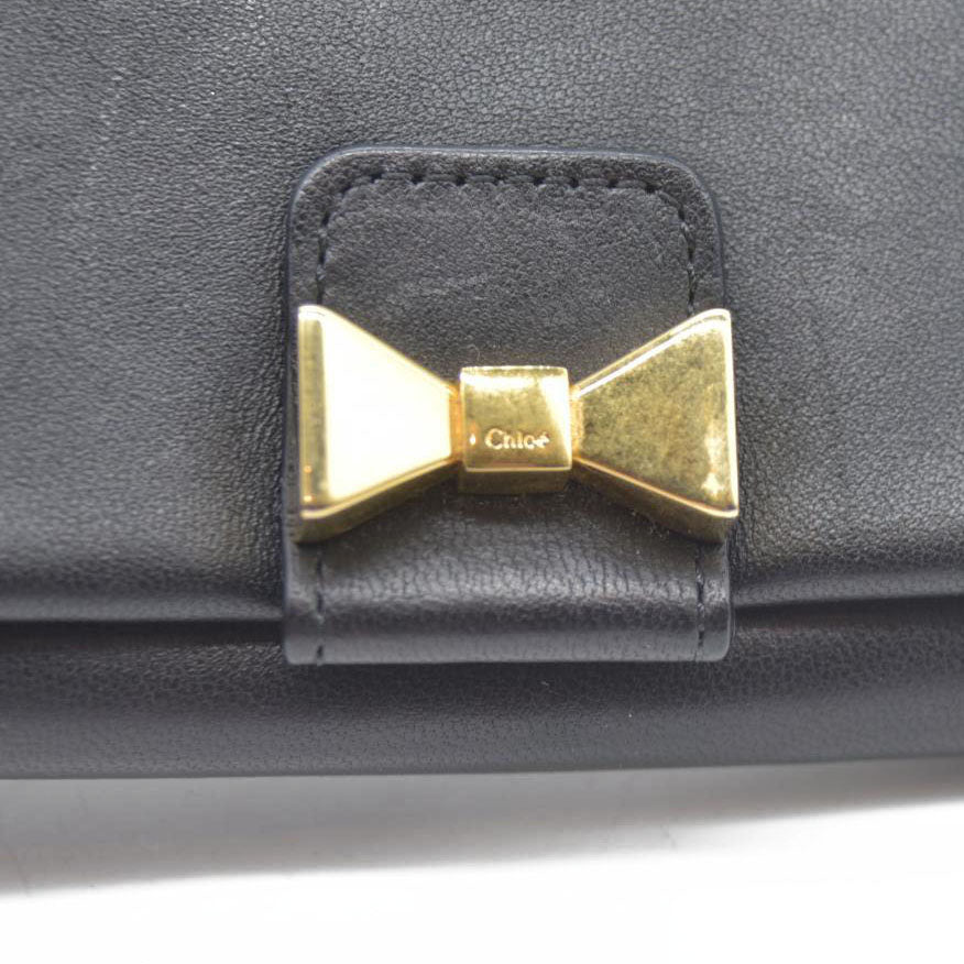 Chloe Ribbon Leather Long Bifold Wallet Purse Black