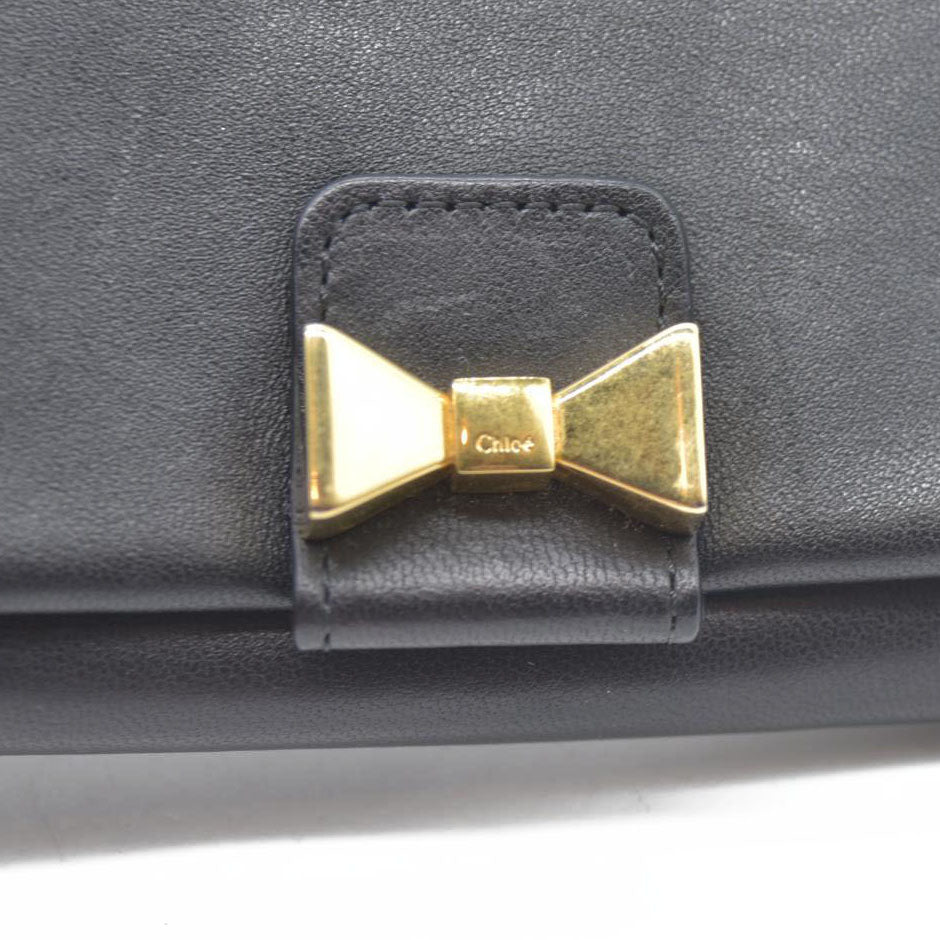 Chloe Ribbon Leather Long Bifold Wallet Purse Black