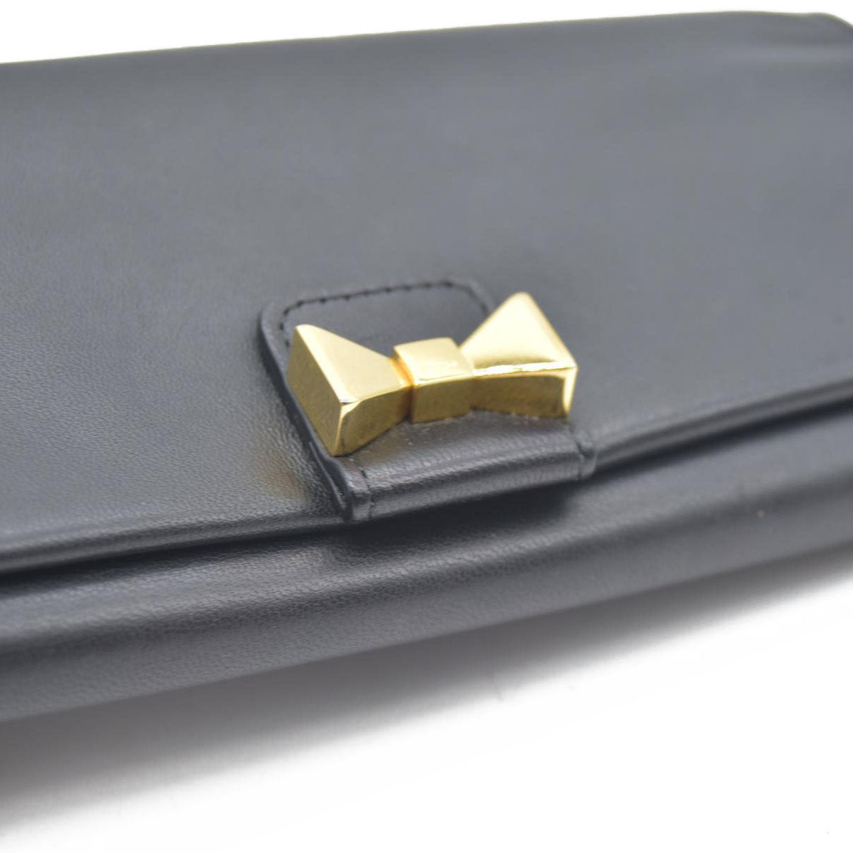 Chloe Ribbon Leather Long Bifold Wallet Purse Black