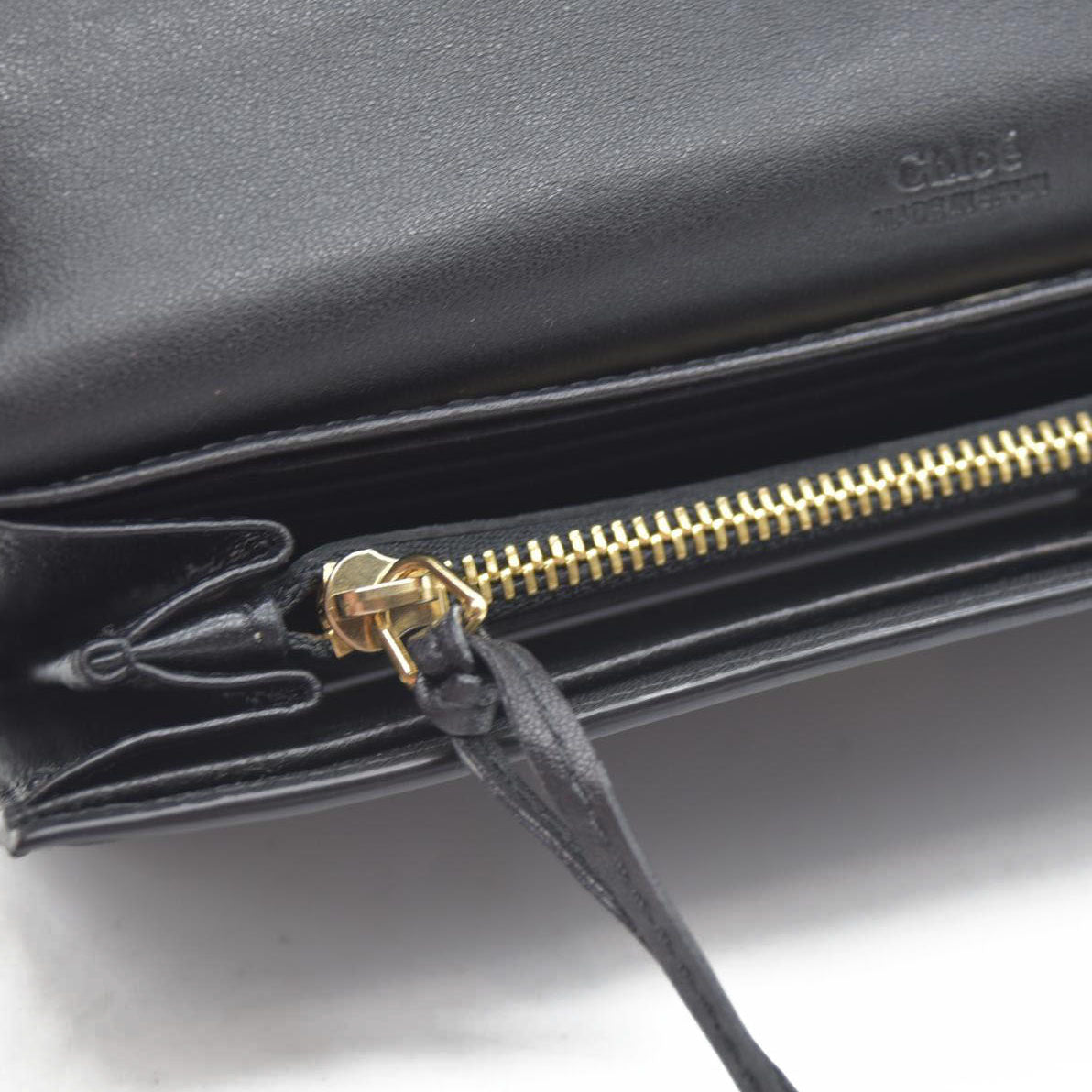 Chloe Ribbon Leather Long Bifold Wallet Purse Black