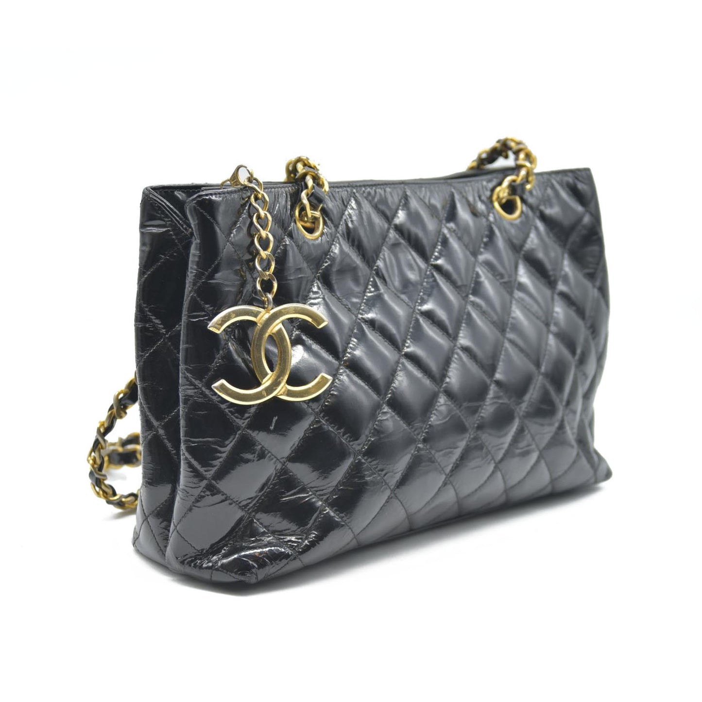 CHANEL Matelasse Chain Shoulder Bag Patent leather Black Gold CC