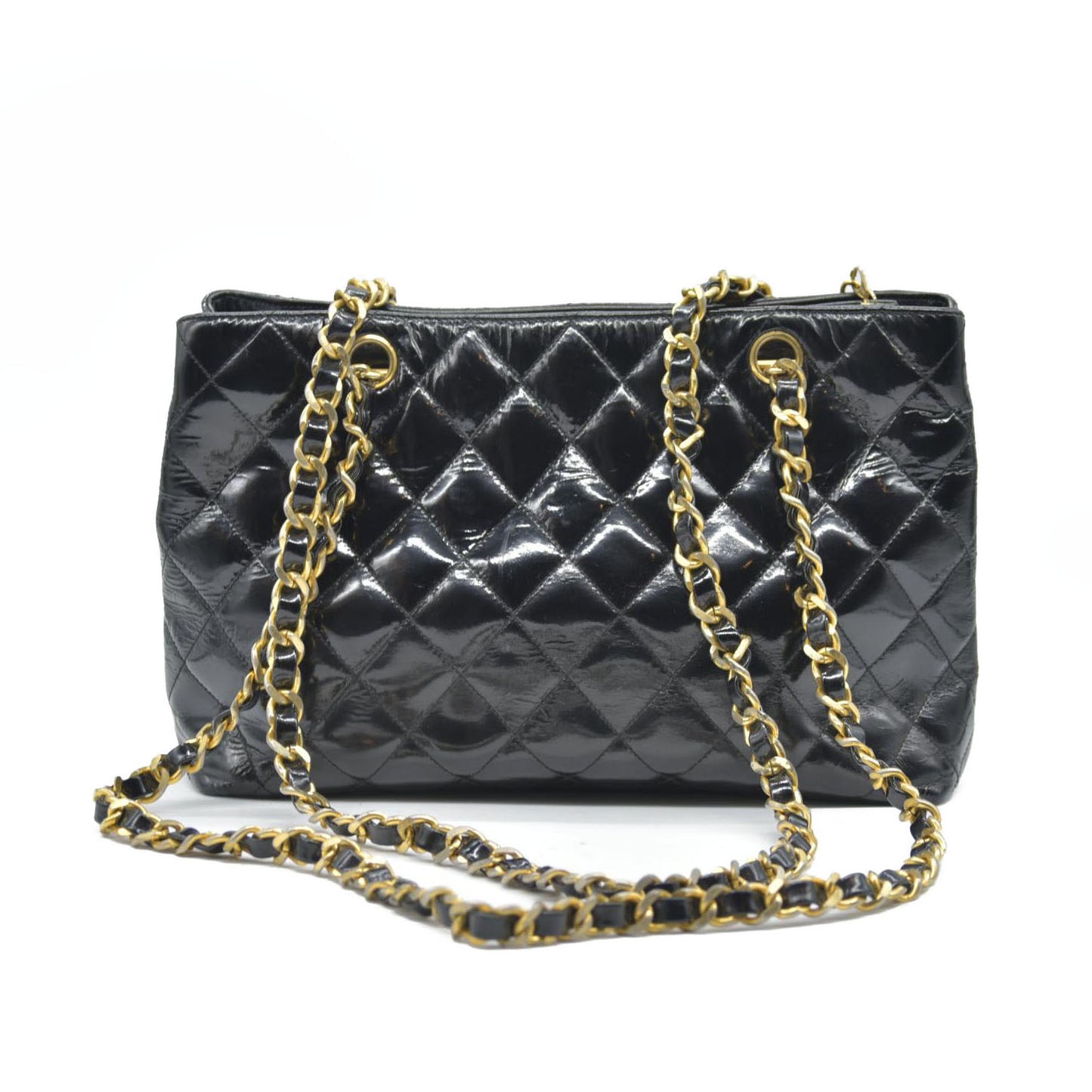 CHANEL Matelasse Chain Shoulder Bag Patent leather Black Gold CC