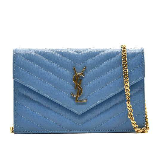SAINT LAURENT Grain De Poudre Matelasse Chevron Monogram Chain Wallet Blue Clair