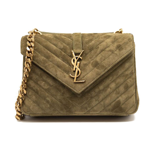 NEW Saint Laurent College Medium Chain Bag in Quilted Suede Loden Green