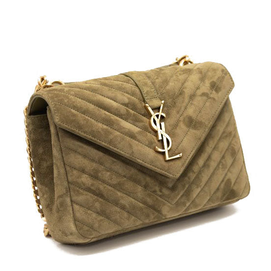 NEW Saint Laurent College Medium Chain Bag in Quilted Suede Loden Green