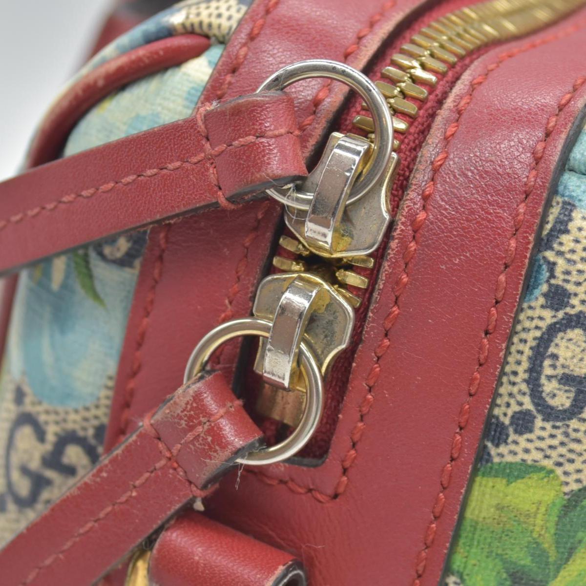 $1390 Gucci GG Supreme Monogram Blooms Small Boston Beige Blue Navy Hibiscus Red