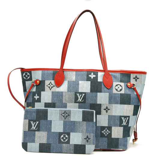 Louis Vuitton Denim Damier Monogram Patchwork Neverfull Blue Rouge MM4189