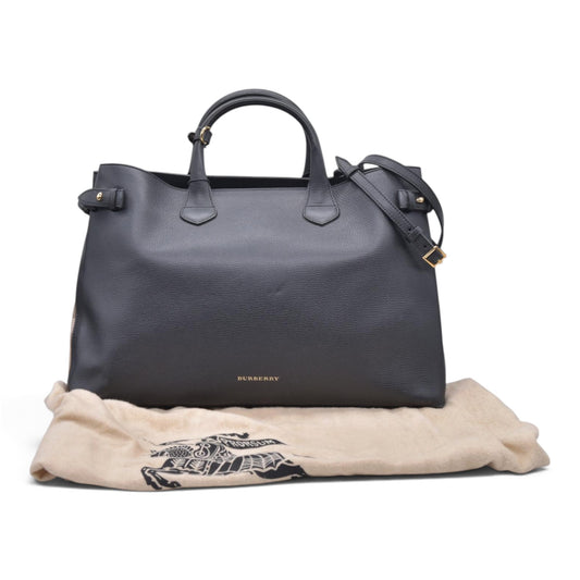 $1490 BURBERRY Grainy Leather House Check Medium Banner Tote Black CONSIGNMENT 10021501