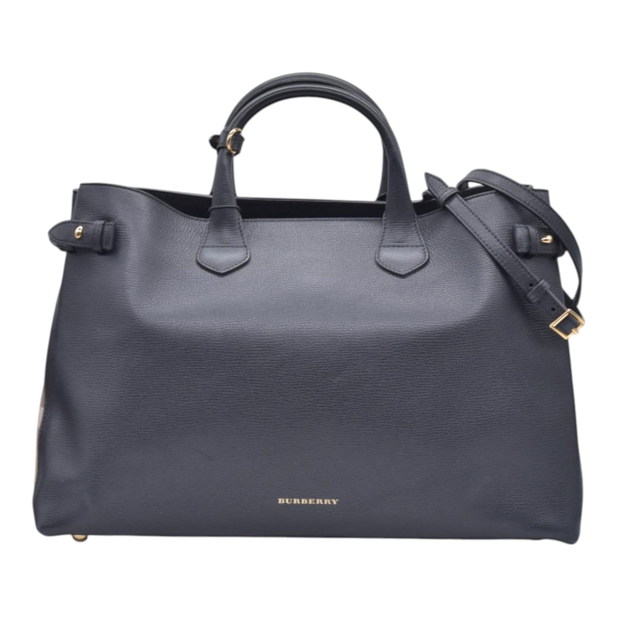 $1490 BURBERRY Grainy Leather House Check Medium Banner Tote Black CONSIGNMENT 10021501
