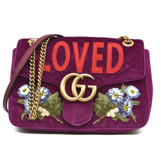 GUCCI Purple Quilted Velvet Embroidered LOVED Medium Marmont Bag