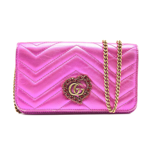 GUCCI Metallic Calfskin Matelasse Crystal GG Marmont Mini Bag Fuchsia