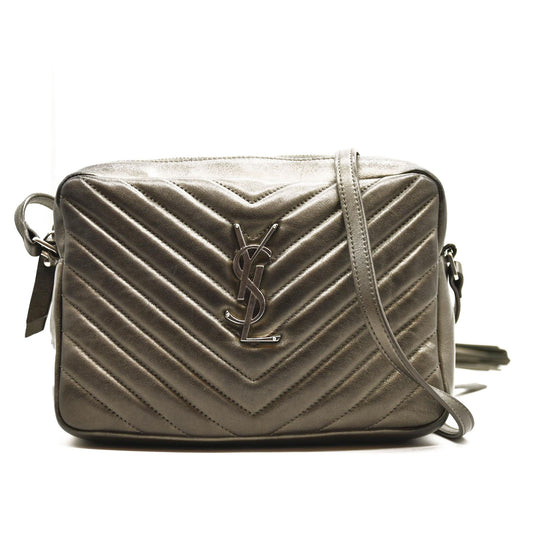 SAINT LAURENT Metallic Calfskin Matelasse Monogram Lou Camera Bag Silver