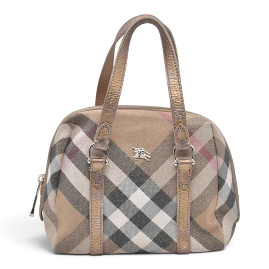$890 BURBERRY House Check Metallic Lurex Bowling Satchel Bag Beige CONSIGNMENT 10021503