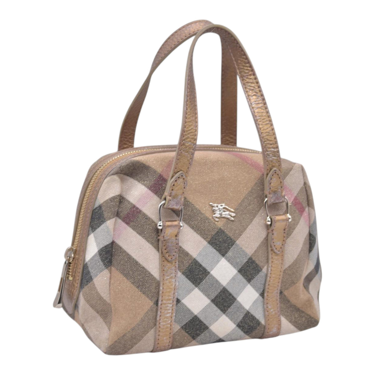 $890 BURBERRY House Check Metallic Lurex Bowling Satchel Bag Beige CONSIGNMENT 10021503