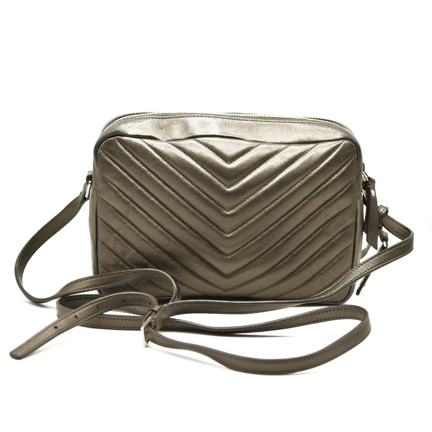 SAINT LAURENT Metallic Calfskin Matelasse Monogram Lou Camera Bag Silver