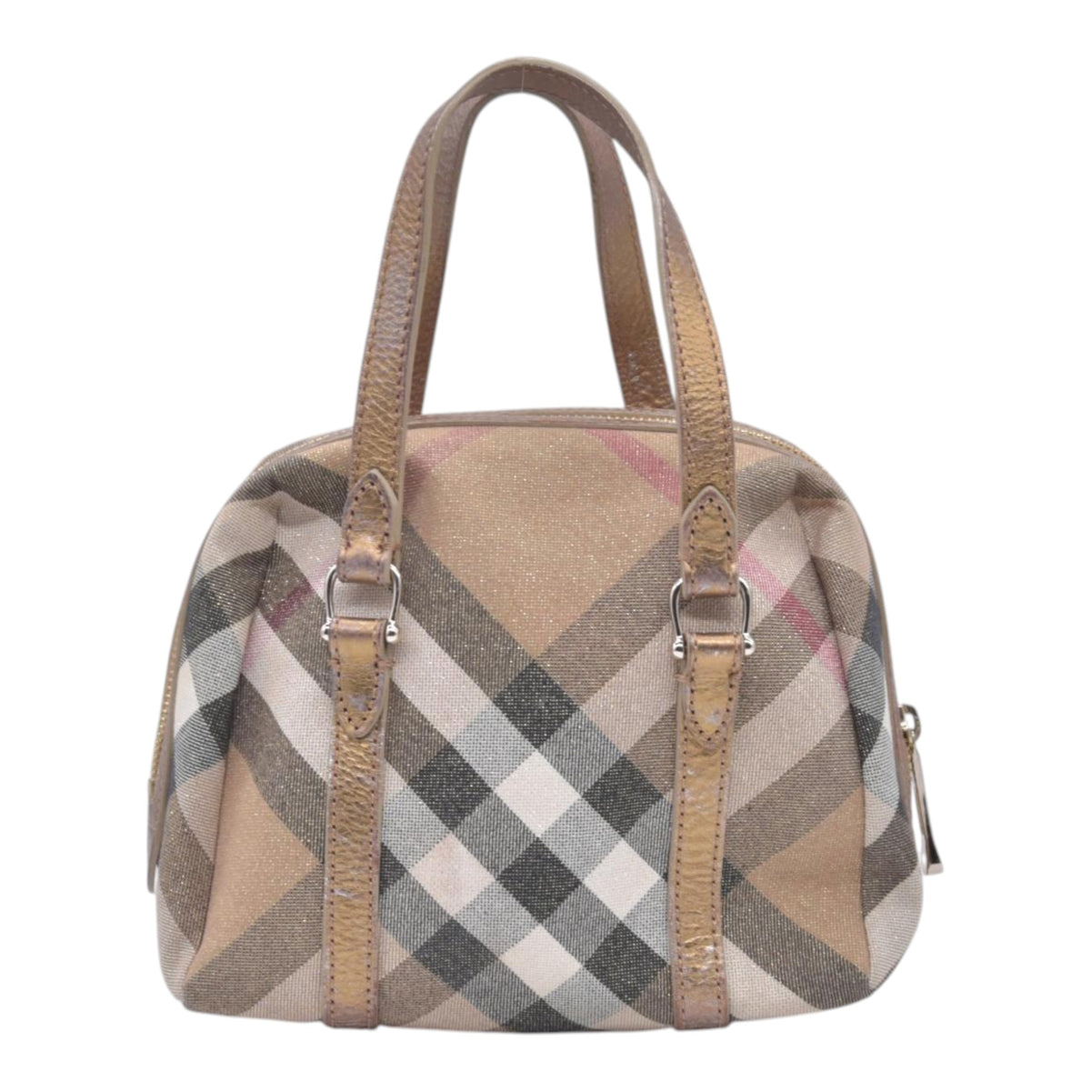 $890 BURBERRY House Check Metallic Lurex Bowling Satchel Bag Beige CONSIGNMENT 10021503