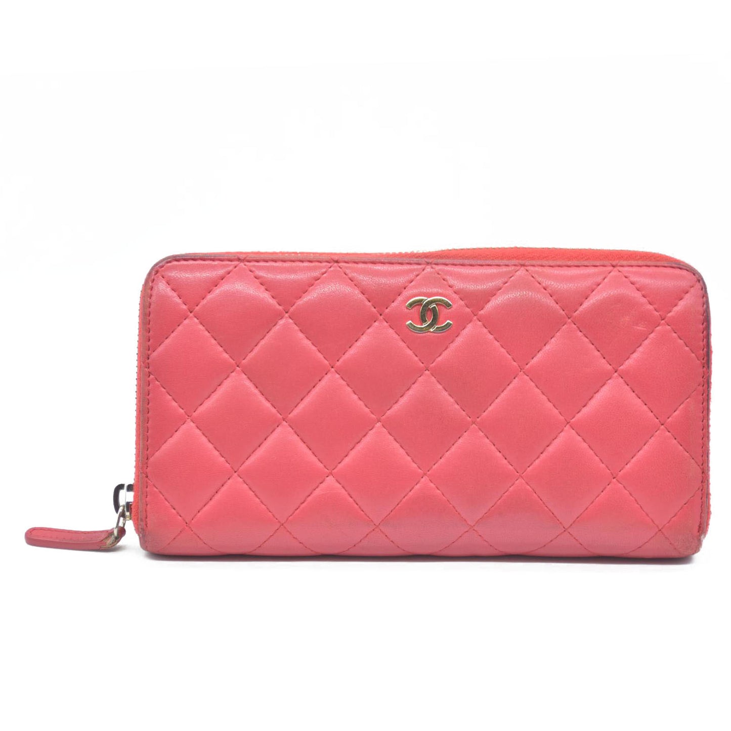 CHANEL Quilted Matelasse CC Logo Lambskin Zip Around Long Wallet Pink