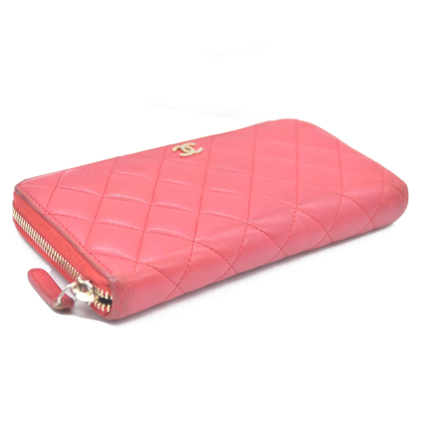 CHANEL Quilted Matelasse CC Logo Lambskin Zip Around Long Wallet Pink