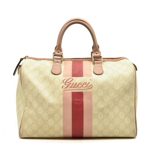 AUCTION $1490 Gucci  GG Plus Monogram Web Stripe Medium Joy Boston Pink