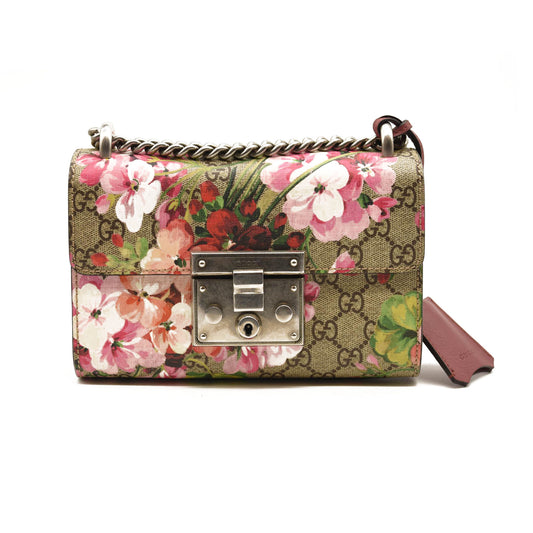 GUCCI GG Supreme Monogram Blooms Small Padlock Shoulder Bag Beige Multicolor Dry Rose