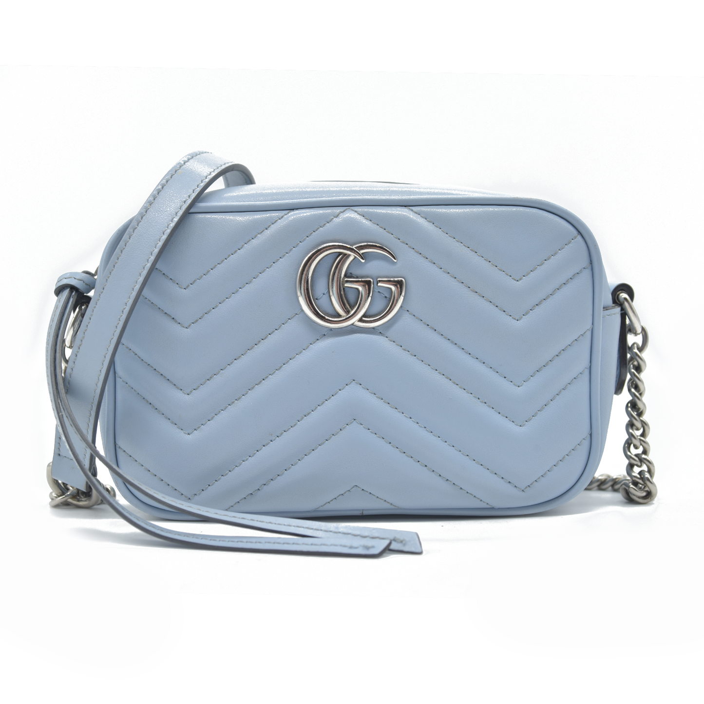 $1800 Gucci  Calfskin Matelasse Mini GG Marmont Chain Shoulder Bag Light Blue
