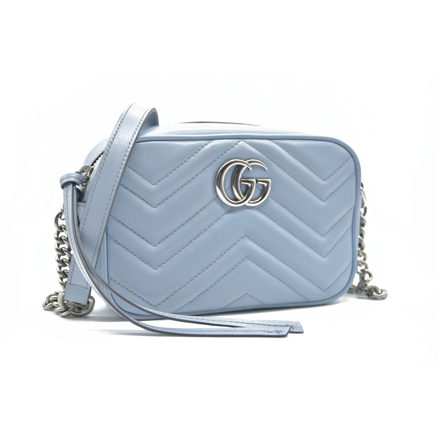 $1800 Gucci  Calfskin Matelasse Mini GG Marmont Chain Shoulder Bag Light Blue