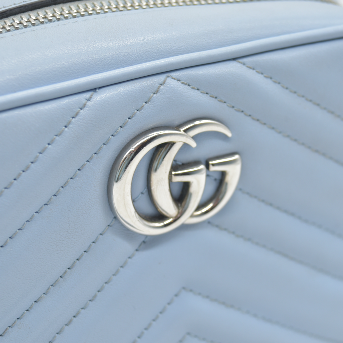 $1800 Gucci  Calfskin Matelasse Mini GG Marmont Chain Shoulder Bag Light Blue