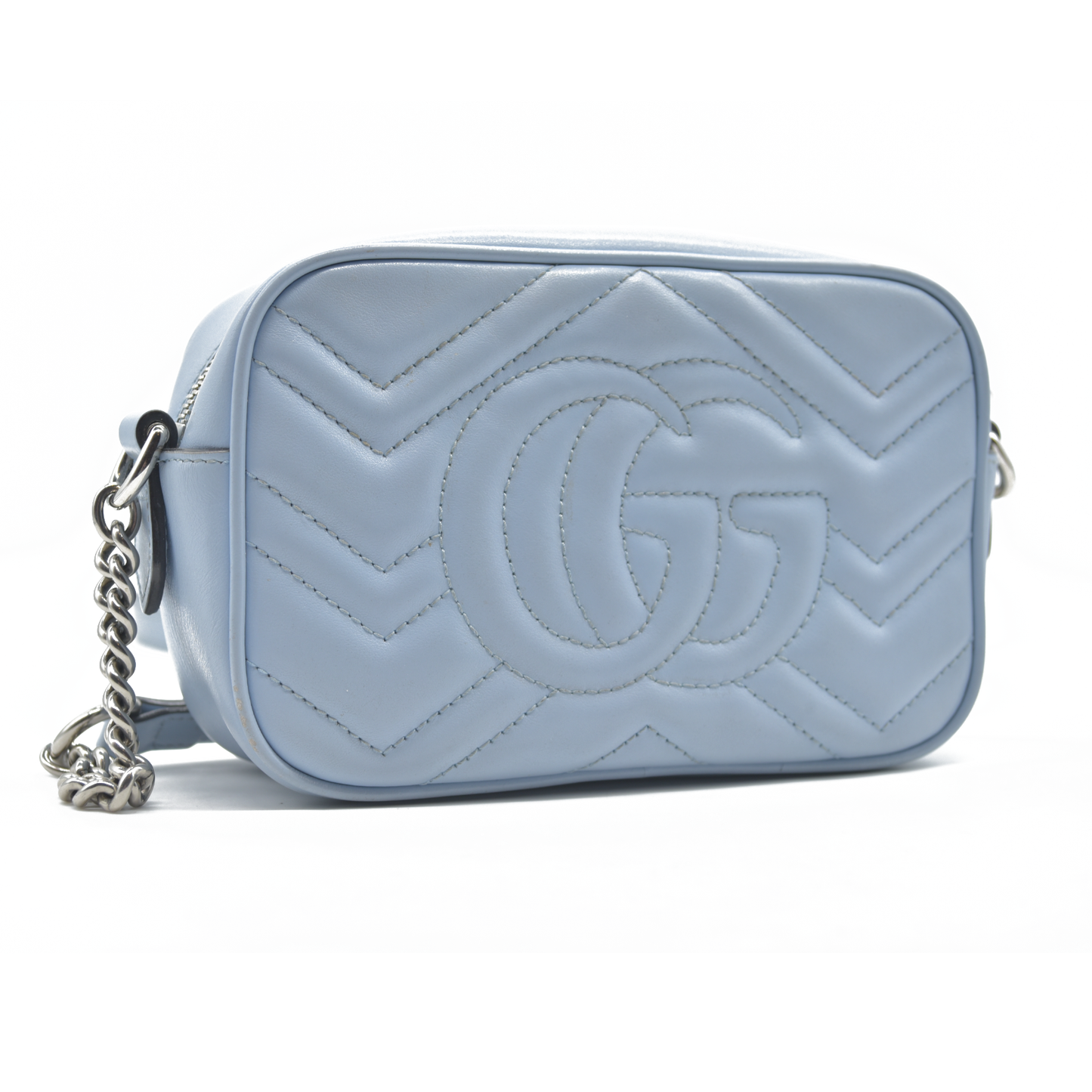 $1800 Gucci  Calfskin Matelasse Mini GG Marmont Chain Shoulder Bag Light Blue