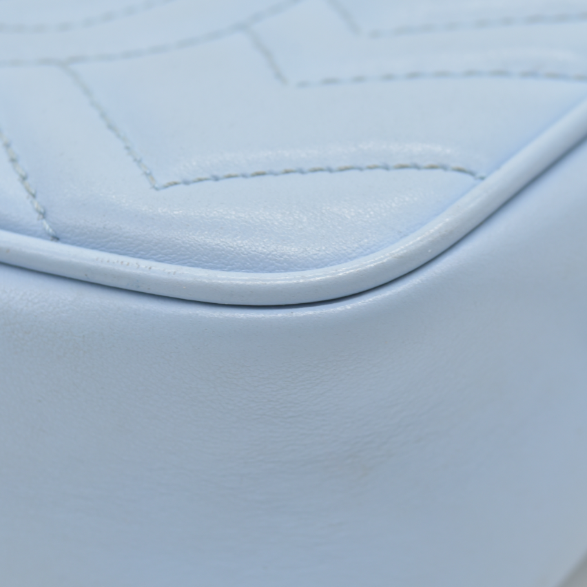 $1800 Gucci  Calfskin Matelasse Mini GG Marmont Chain Shoulder Bag Light Blue