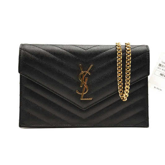 SAINT LAURENT Grain De Poudre Matelasse Chevron Monogram Chain Wallet Black