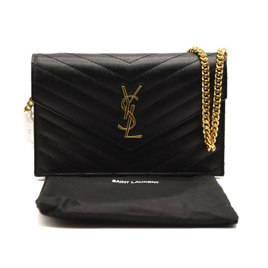 SAINT LAURENT Grain De Poudre Matelasse Chevron Monogram Chain Wallet Black